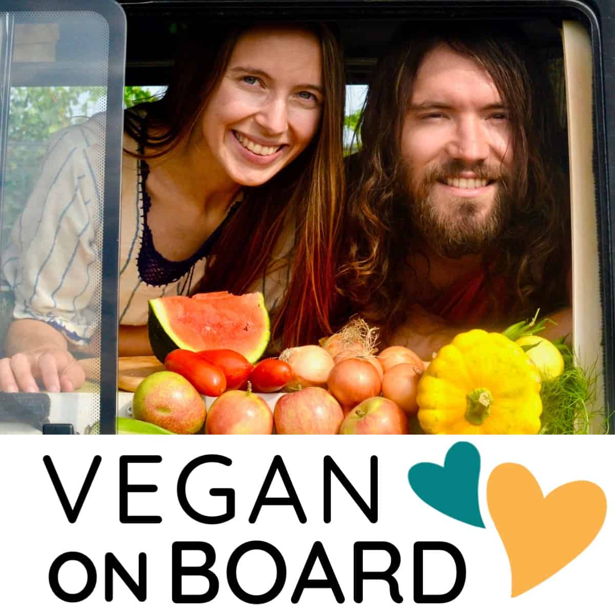 Sophie and Paul with Vegan on Board Logo.